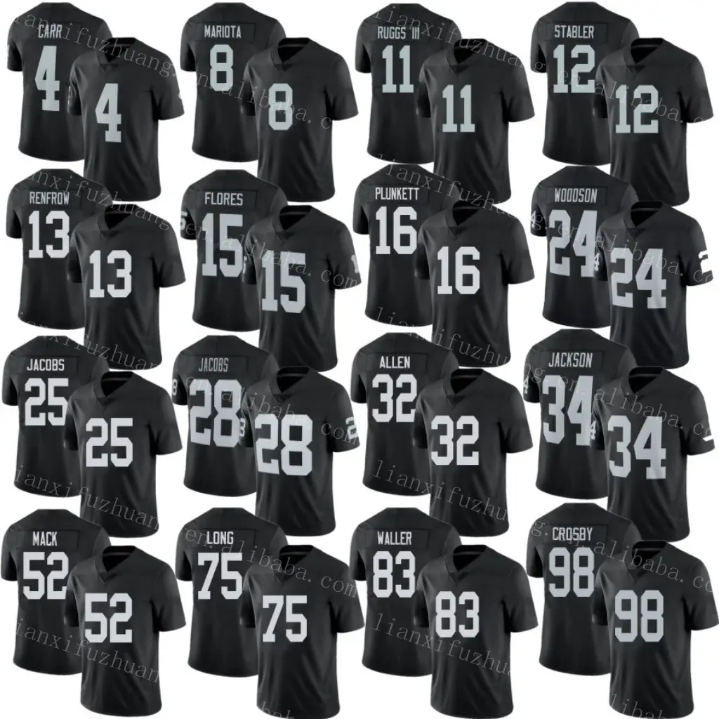 Men's Oakland jersey Stitched Sports #4 Carr #15 Flores 42 Littleton #94 Nassib # 28 Jacobs #34 Jackson 77 Brown Football jersey