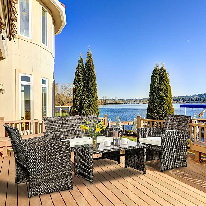 Goplus 4-Piece Wicker Patio Furniture Set Rattan Sofa Conversation Set for Outdoor Garden Lawn Pool Backyard