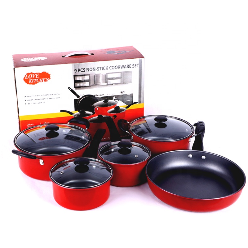 Cheap Price 9pcs Carbon Steel Non Stick Cookware Cooking Pots and Pans Set Casserole Saucepan Frying Pan