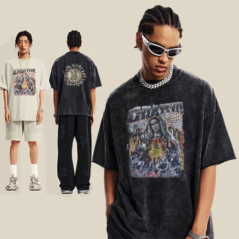 wholesale High Quality men's Oversized vintage Acid Wash printed graphic y2k scattered rolled edge t shirt for men manufacturer