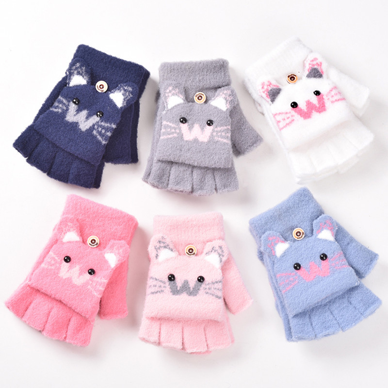 5-12 Years Wholesale Children's Winter Knit Letter W Doggy Mittens Boys Girls Fashion Warm Soft Cartoon Flip Winter Red Mittens