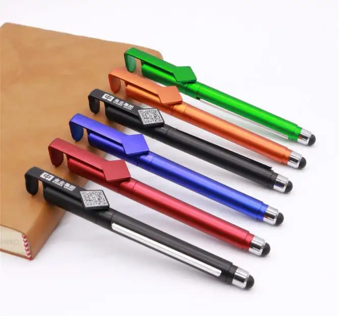 Wholesale Customized Promotional Plastic Pull Out Banner Pen Multifunctional Ballpoint Pen With Stylus And Phone Holder
