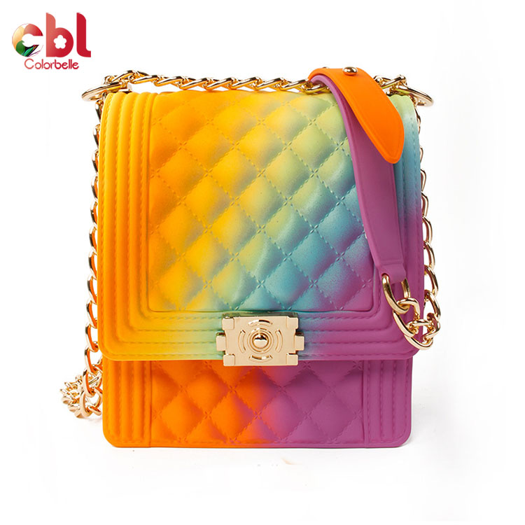 Fashion Ladies Rainbow Trendy Jelly PVC Clutch Evening Bags Chic Chain Shopping Messenger Bags