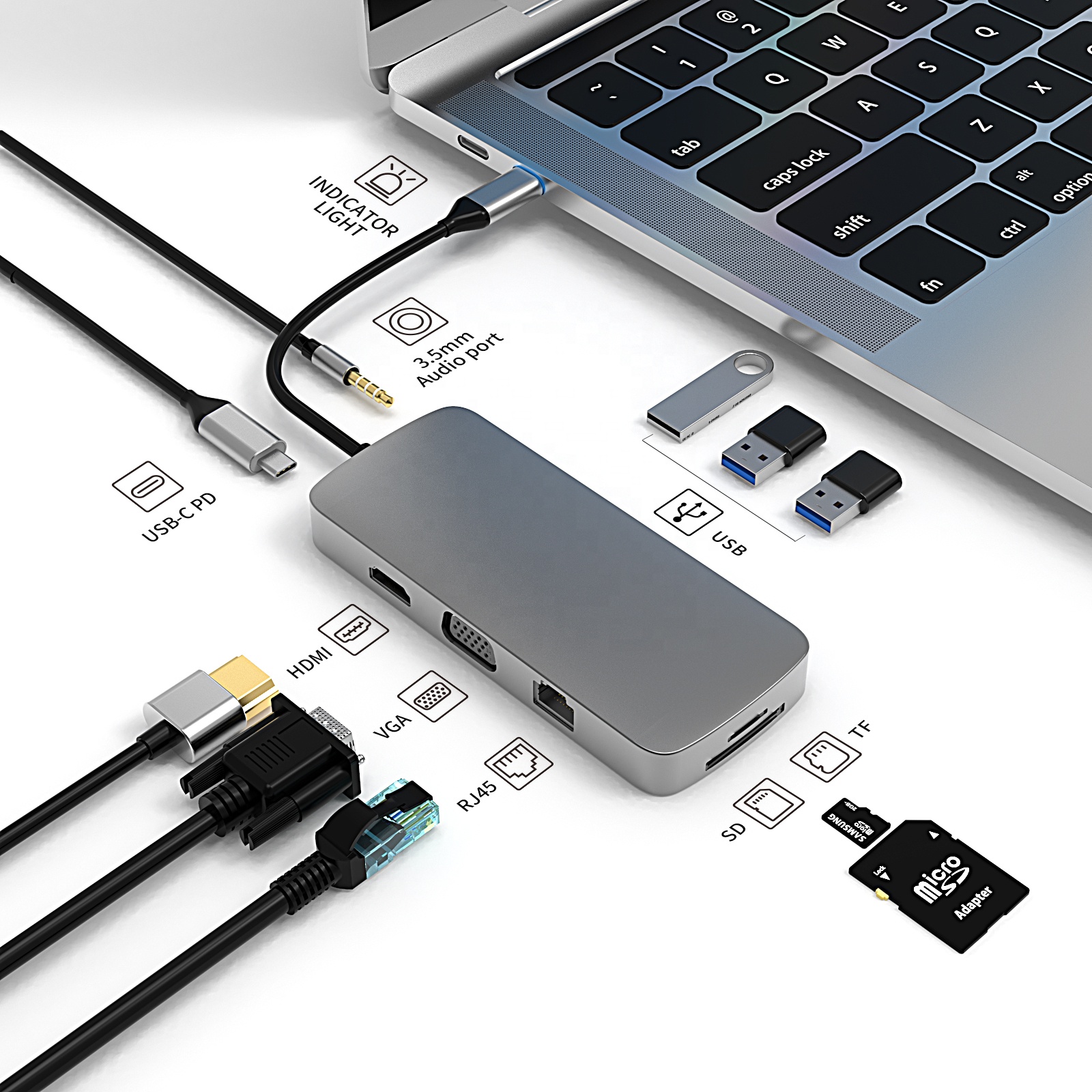 Type-C 10-1 концентратор, USB 3,1 кабель с разъемами типа C и RJ45 + HD + VGA + 3,5 мм аудио + 3 * SD + TF + USB * 3 типа C концентратор