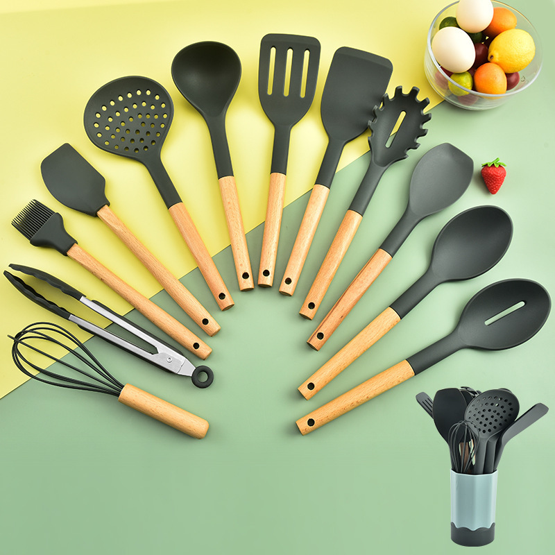Silicone Cooking Gadget Kitchen Eco Friendly Kitchen Utensil Mix 12 Sets of Wooden Handle Carton Home Utensils Acceptable 2022