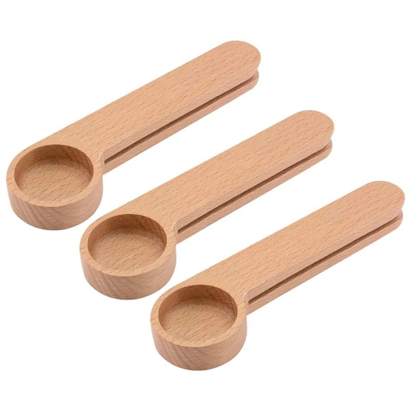 Hot Sale Customized Logo Long Handle Natural Beech Wood Coffee Measuring Spoon with Bag Clip