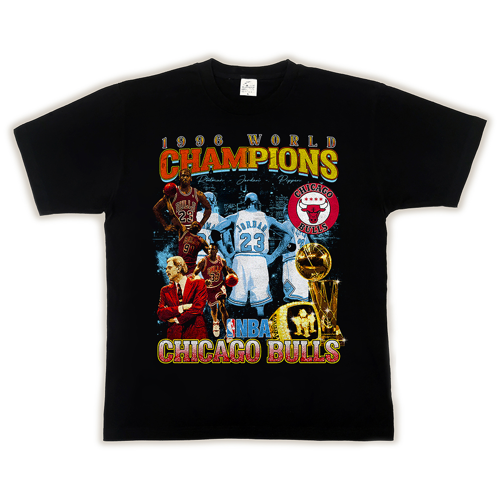 1996WORLD CHAMPIONS CHICAGO BULLSBasketball Memorial T-shirt 100% organic cotton retro black men's short sleeves