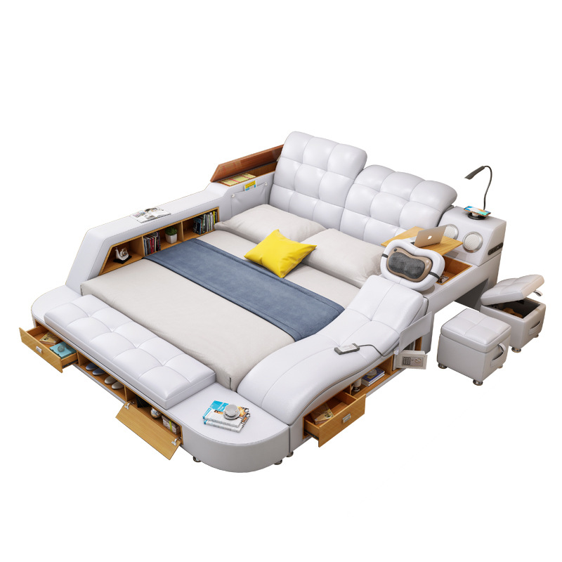 Pure White Color Massage Multi Functional Bedding Set King Size Led Light USB Charge Beds with Storage