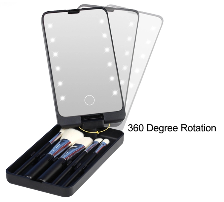 8 years factory Creative private label custom logo set LED light profesional portable led mirror with make up brushes