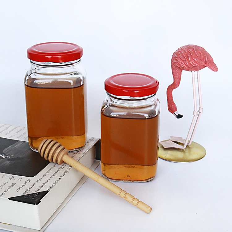 180ml 280ml 380ml Food safe recycle glass honey jar square with metal lid