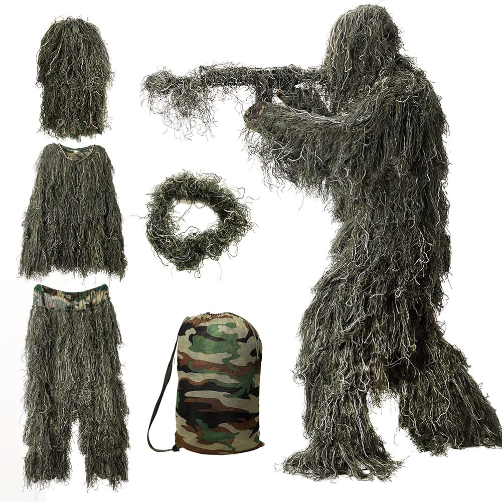 MOPHOTO 5 в 1 Ghillie костюм, 3D камуфляжная охотничья одежда, включая куртку, брюки, капюшон, сумка для переноски