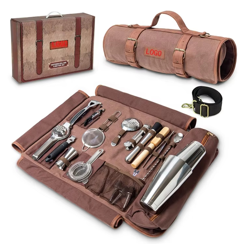 Wholesale Custom 17-Piece Professional Bar Tool Set Stainless Steel Travel Bartender Kit Portable Canvas Bag Cocktail Shaking