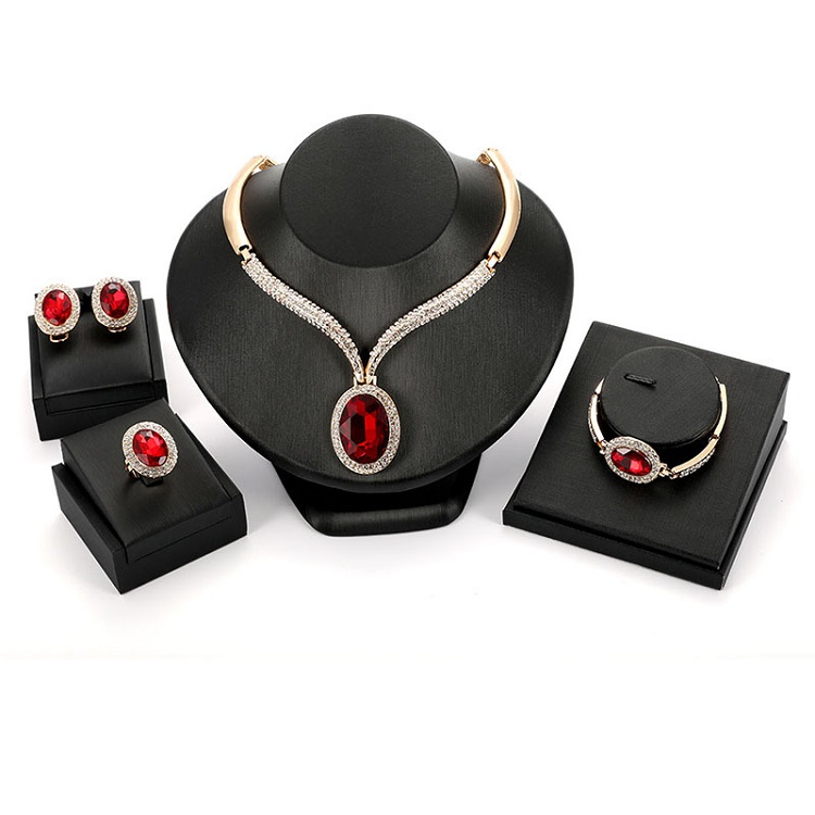 Women African Fashion Jewelry Sets Necklace Bangle Luxury Saudi 18K Gold Plated Dubai Red Crystal Wedding Bridal Jewelry Set