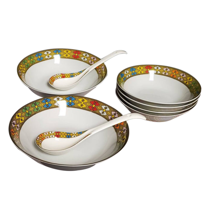 Ceramic Ethiopian Traditional Art Design 9 inch Bowl Set with Big Spoon For Ethiopian Food