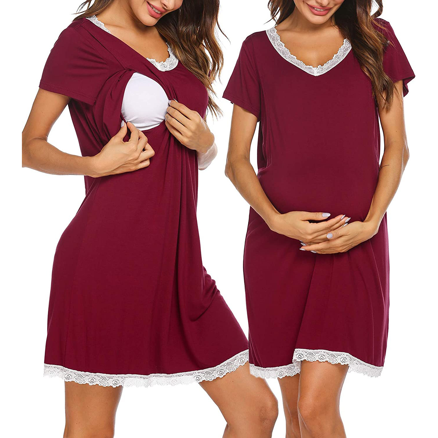 New V-Neck Maternity Pajamas Lace Stitching Nursing Clothes Mid-Length Comfortable Loose Maternity Dress