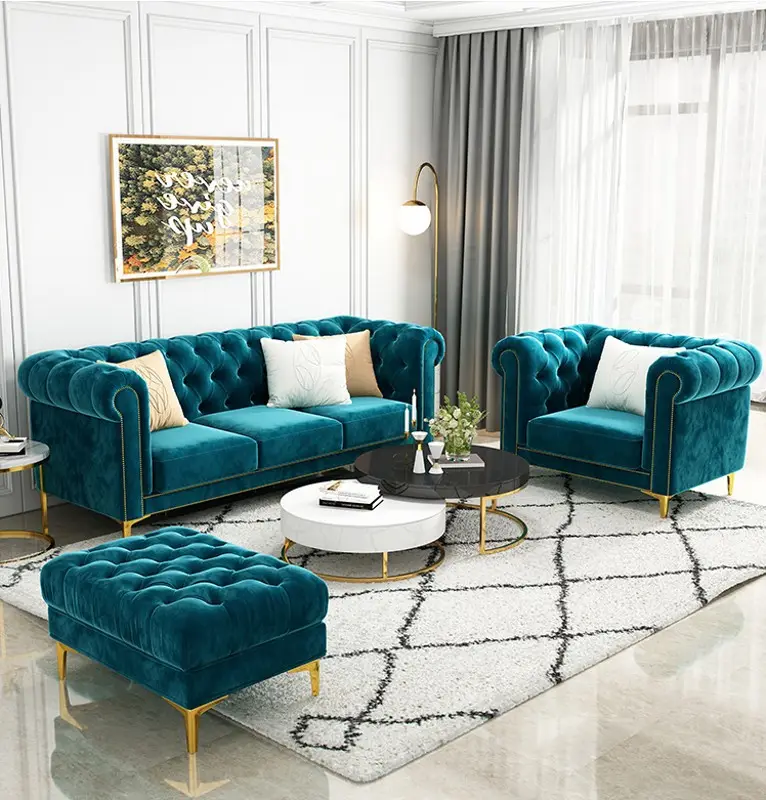 Modern Velvet Fabric Tufted Section Sofa Set Furniture Sectionals Chesterfield Living Room Sofas