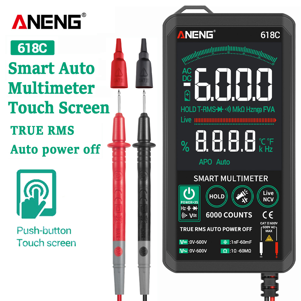 Цифровой мультиметр ANENG 618C, умный сенсорный Аналоговый вольтметр постоянного тока, True RMS, автоматический тестер, профессиональный транзисторный конденсатор, Бесконтактный индикатор напряжения, измеритель