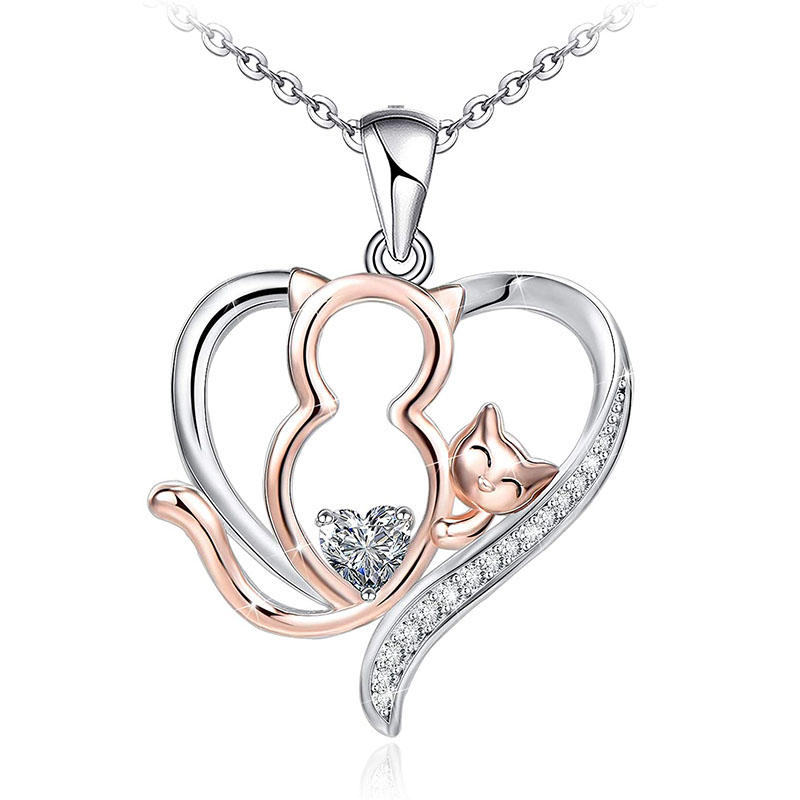 Dainty Animal Sterling Silver 925 Cubic Zirconia Heart Cat Necklace for Women