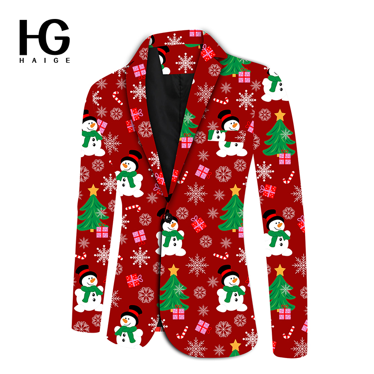 Christmas 3D Graphic Print Long Sleeve Suit Jacket Mens Printed Stand Collar Unique Mens Suits High-End Bespoke Mens Suit