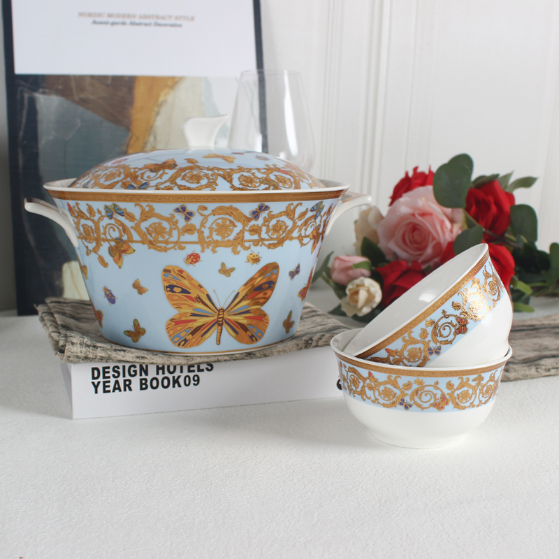 2021 New Factory Wholesale Embossed Design Decoration White Ceramic Soup Bowl With Lid