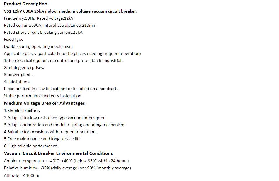 Alibaba Suppliers Price Indoor Vs1 12kv Vacuum Circuit Breaker