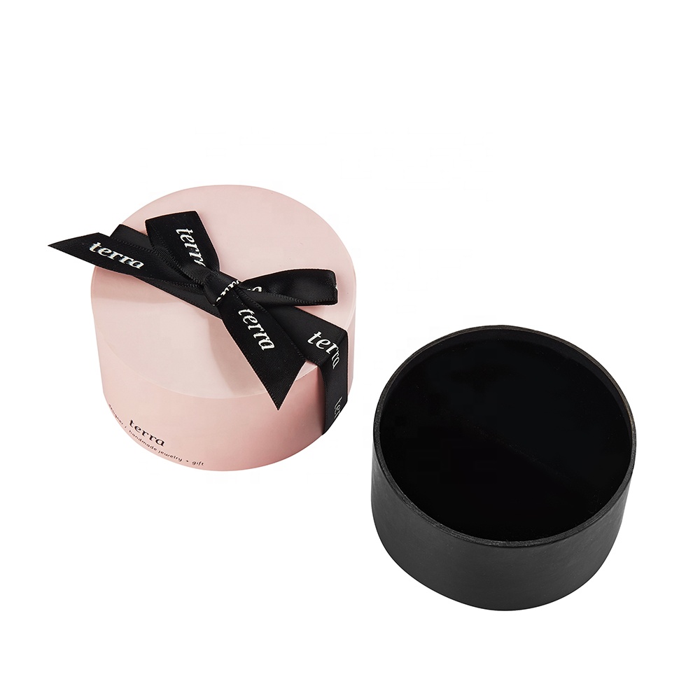 Pink Custom Logo Luxury 2 Piece Rigid Cardboard Paper Wedding Gift Box Round Jewelry Packaging With Printed Ribbon
