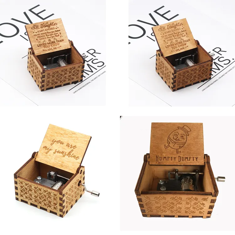 Mini Laser Engraved Hand Crank Music Box Wholesale New Arrival Custom Hand-cranked Wooden Music Notes Gift Box Music Playing