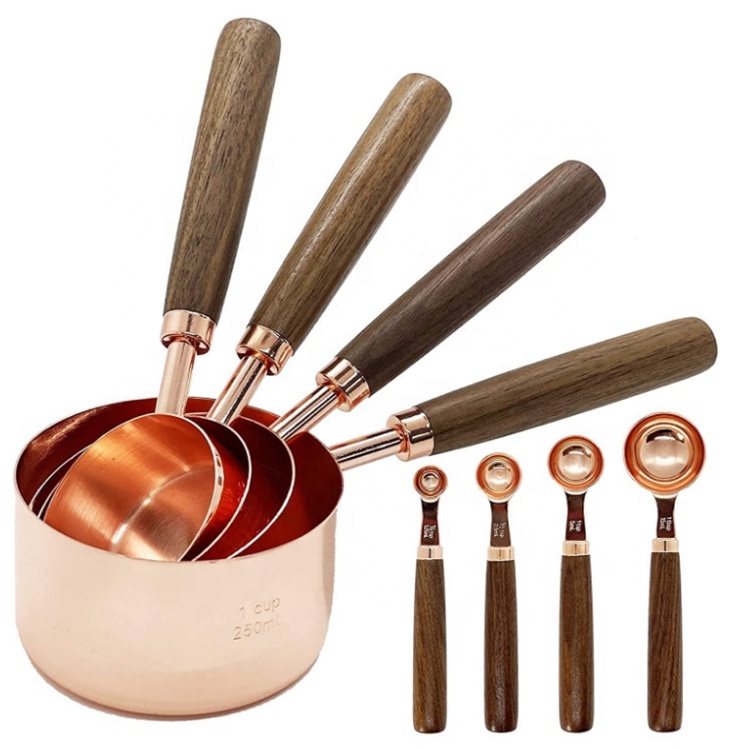 high quality 8 pcs Walnut Wood Handle rose gold Stainless Steel Measuring Cups and Spoons