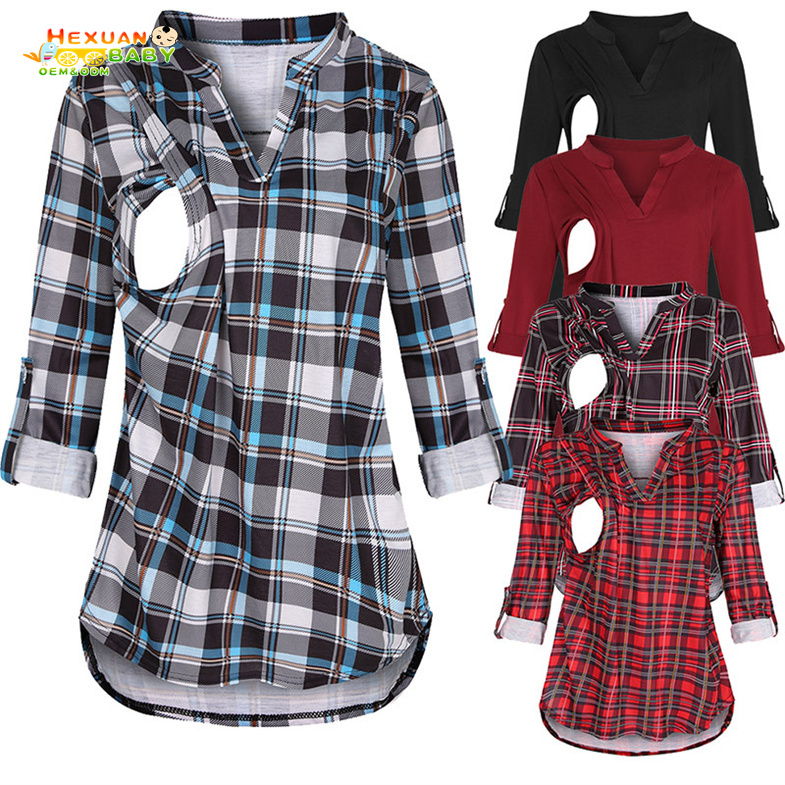 2021 Pregnancy Nursing Mom 3/4 Sleeve Plaid Print Loose Tshirt With V Neck For Maternity Breastfeeding Women Clothes Shirt Top