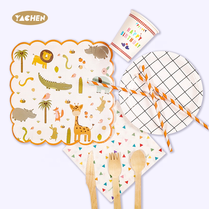 Yachen Lovely style disposable party paper dinner color plate set for Birthday parties, family gatherings, wedding party tablewa