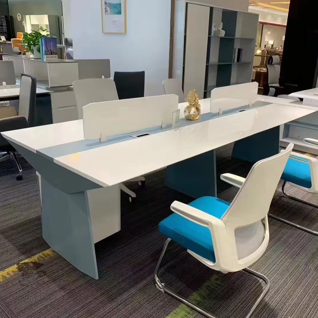 Modern Computer Office Table Desk Workstations 4 Person Sit Stand Desk White and Blue Glossy Paint Executive Office Staff Table