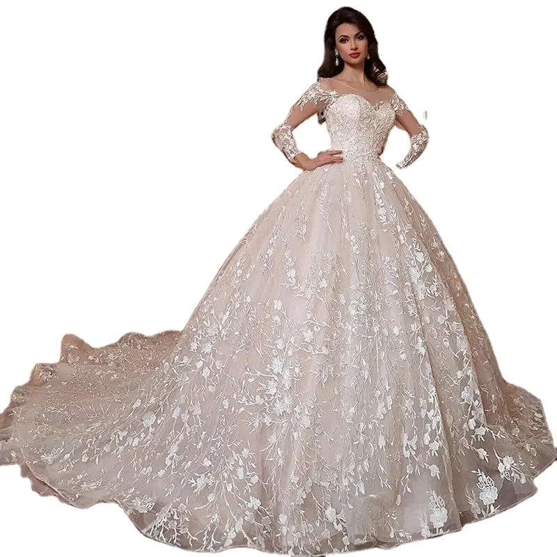 2022 New Design Long Sleeve Lace Bridal Gown Elegant Ball Gown Wedding Dress