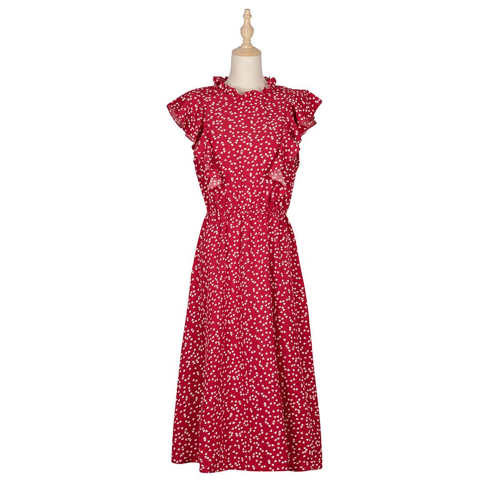 Womens Dress 2020 New Elegant Summer Chiffon Floral Print Ruffle A-line Sundress Casual Fitted Clothes Knees Dresses Red