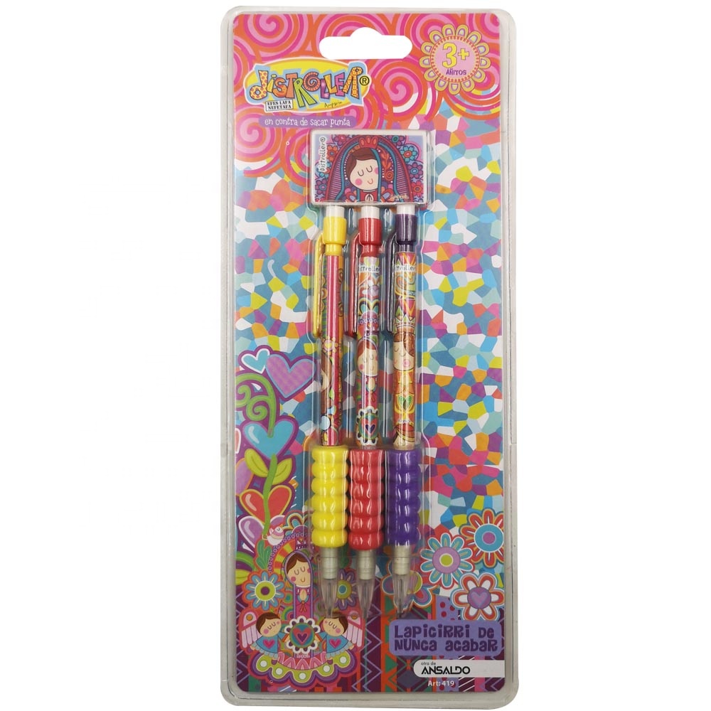 kids cartoon 3pcs propelling mechanical pencils with eraser in clamshell packing