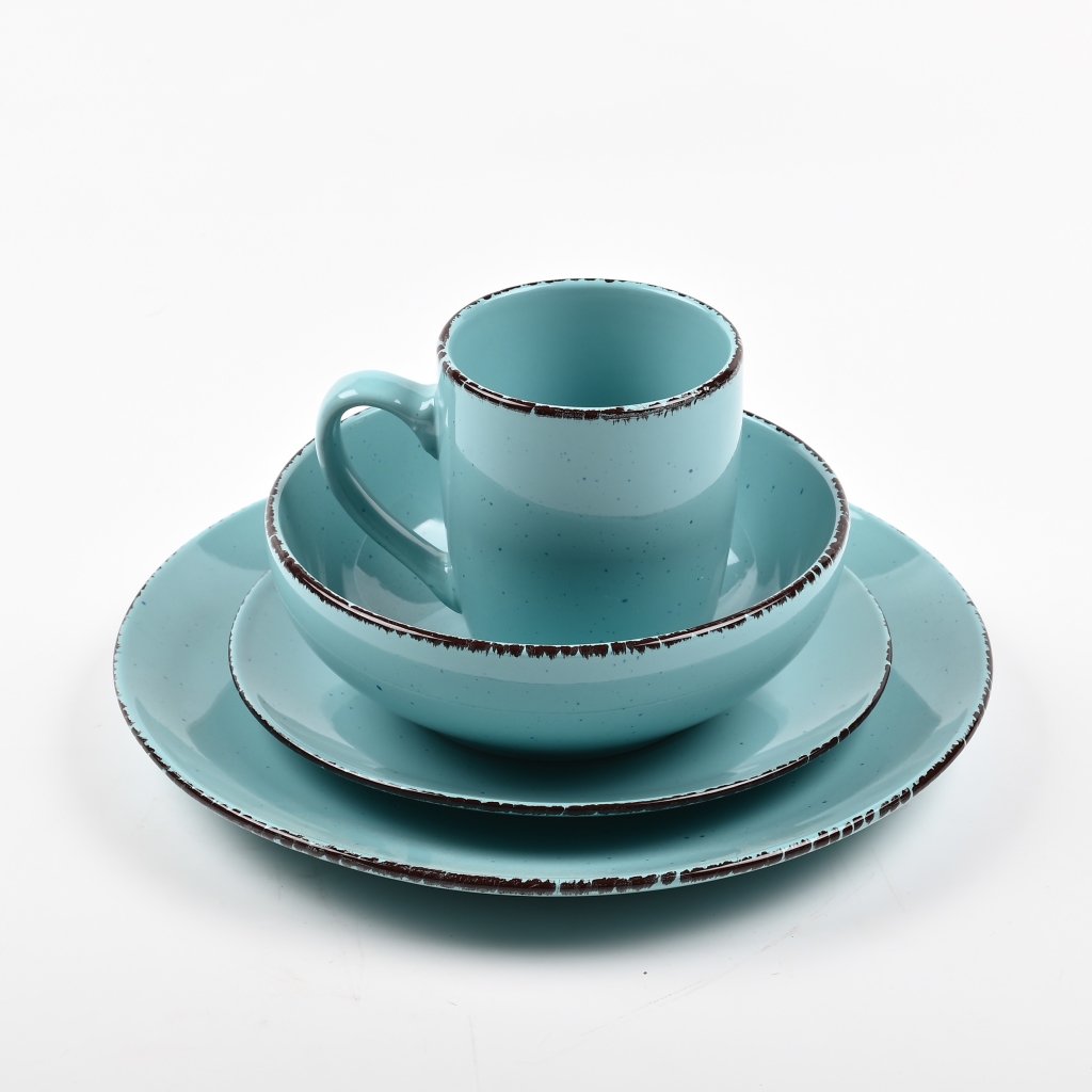 Black rim powder blue stoneware dinnerware set ceramic moon plate set ceramic salad bowl dessert plate set beverage cup