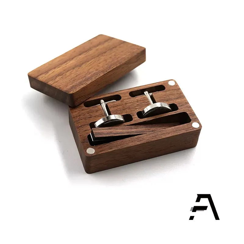 wood cufflink and tie clip set with custom logo