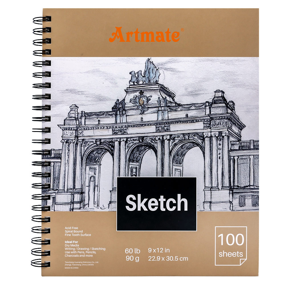 Альбом для набросков Artmate, 9 х12 дюймов, 100 листов, 60 фунтов/90 г/м2, спиральная обвязка, прочная бумага для рисования без кислот, готовая к отправке