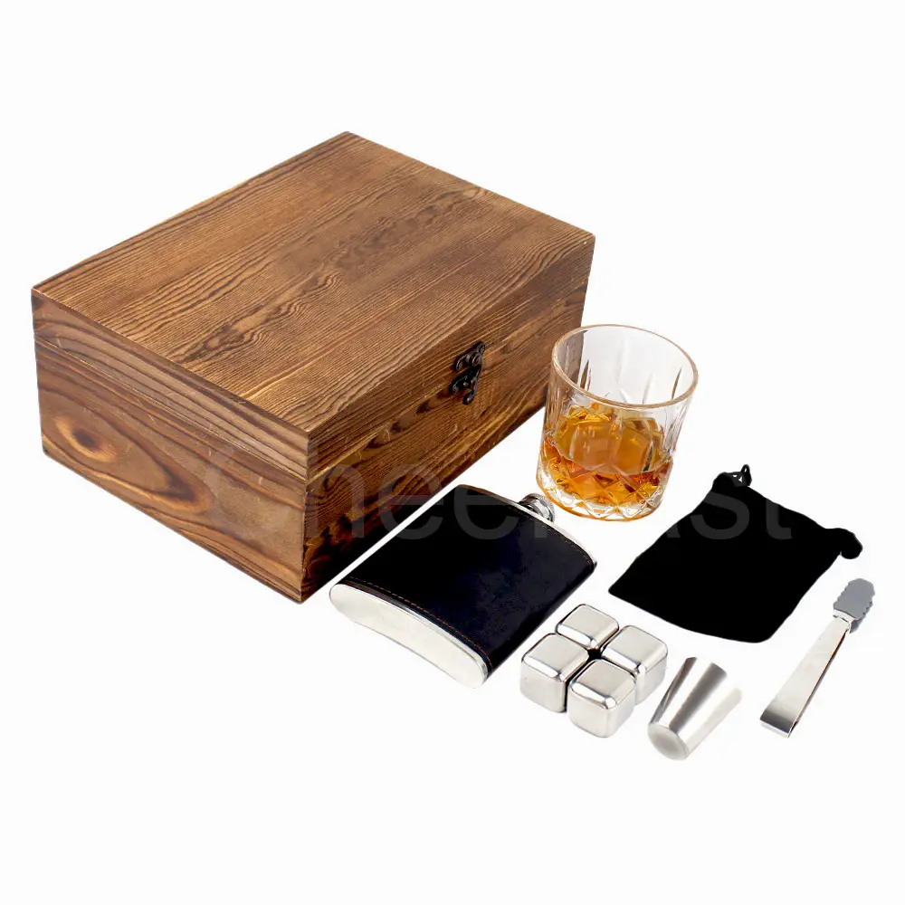 Laser Engraved Your Logo Stainless Steel Hip Flask Wooden Box Packaging And Whiskey Glasses And Whiskey Stones