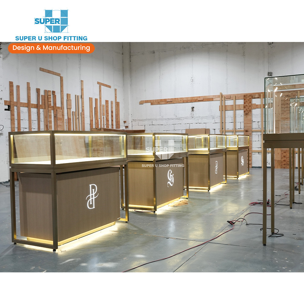 Custom Glass Jewellery Display Cabinet Trendy Stainless Steel Furniture Led Lighting Wooden Lockable Jewelry Shop Showcase