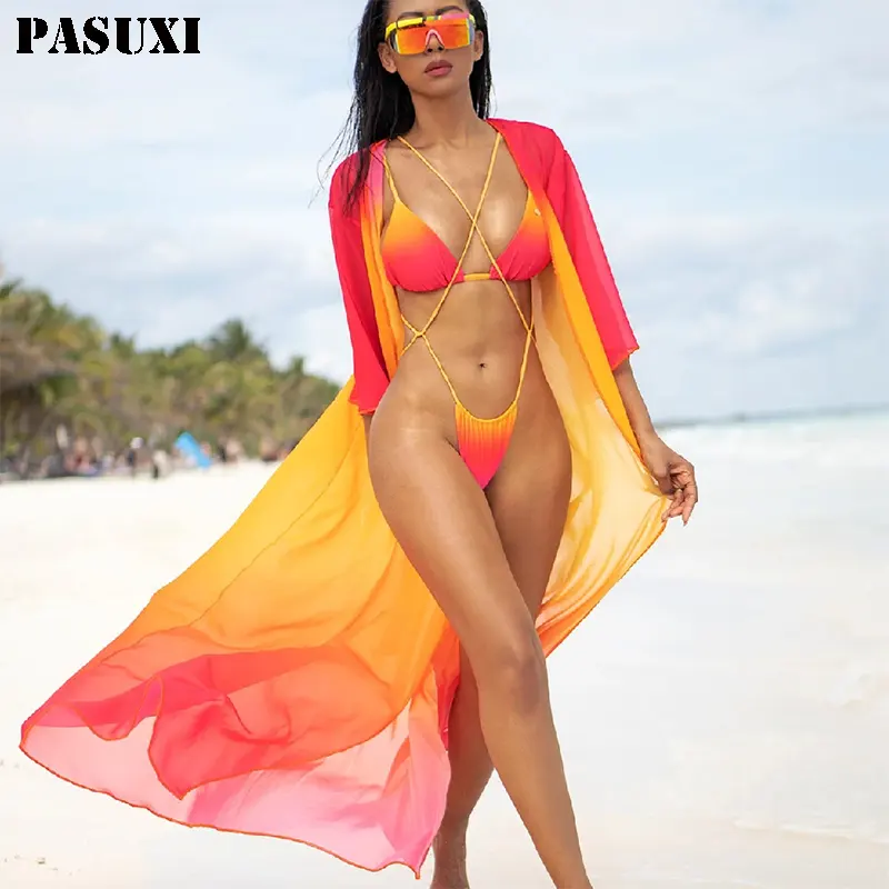 PASUXI 2022 Custom Logo Two Pieces Women Halter Swimwear Plus Size Cover Up Swimsuit Sexy Printed Bikini