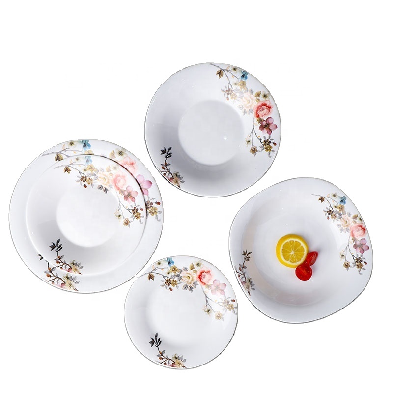 White opal glassware plates and bowls with luxury flower decal round opal glass dinnerware set home kitchen opal tableware sets