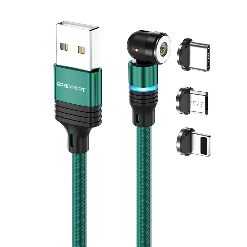 Wholesale on stock magnetic charging cable 3 in 1 nylon braided 540 rotation magnetic cable mobile phone charger cable