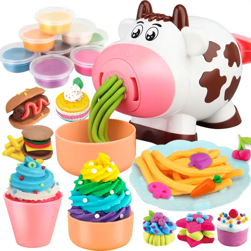 Little Chef Game Playing House Pretend Kitchen Toy Cow Design DIY Noodle Machine Simulation Color Clay Shaping Toy Set