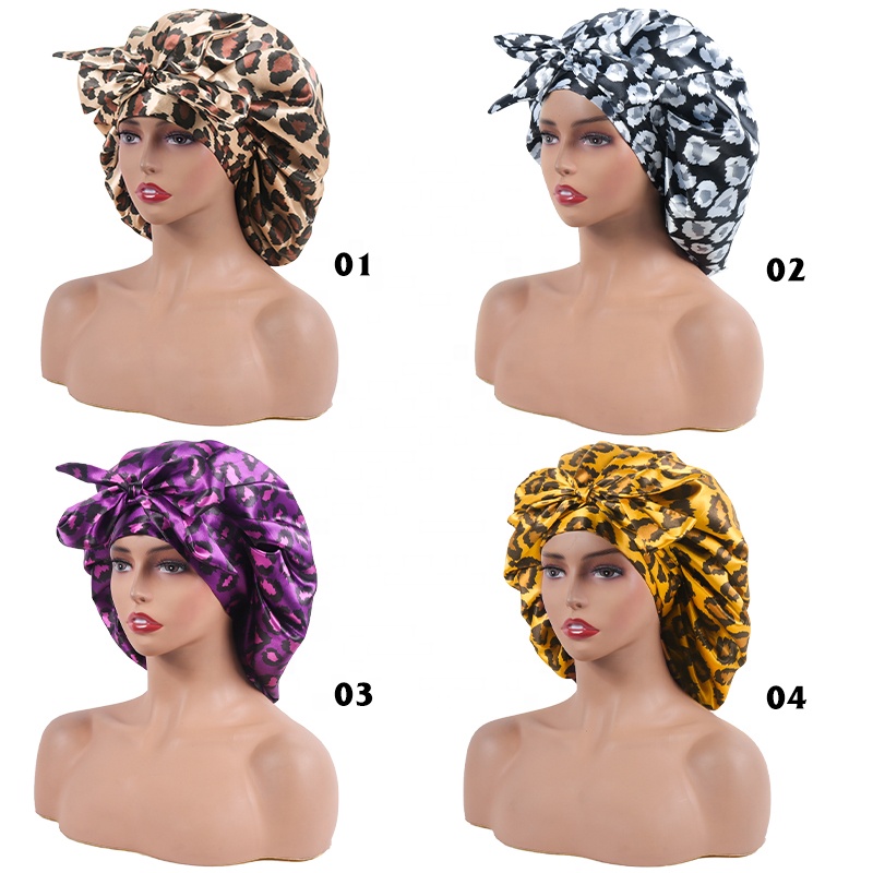 Tie Sublimation Leopard Print Deluxe Strip Private Label Adjusted Double Layer Edge Wraps Hair Bonnets