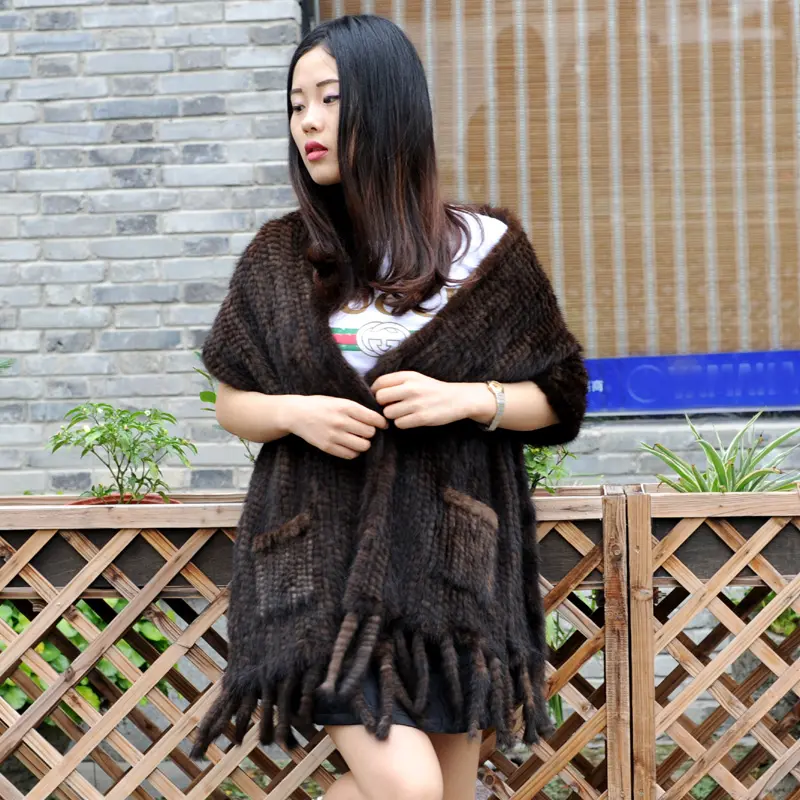 CX-B-M-08 Winter Women Shawl Genuine Hand Knitted Mink Fur Stole