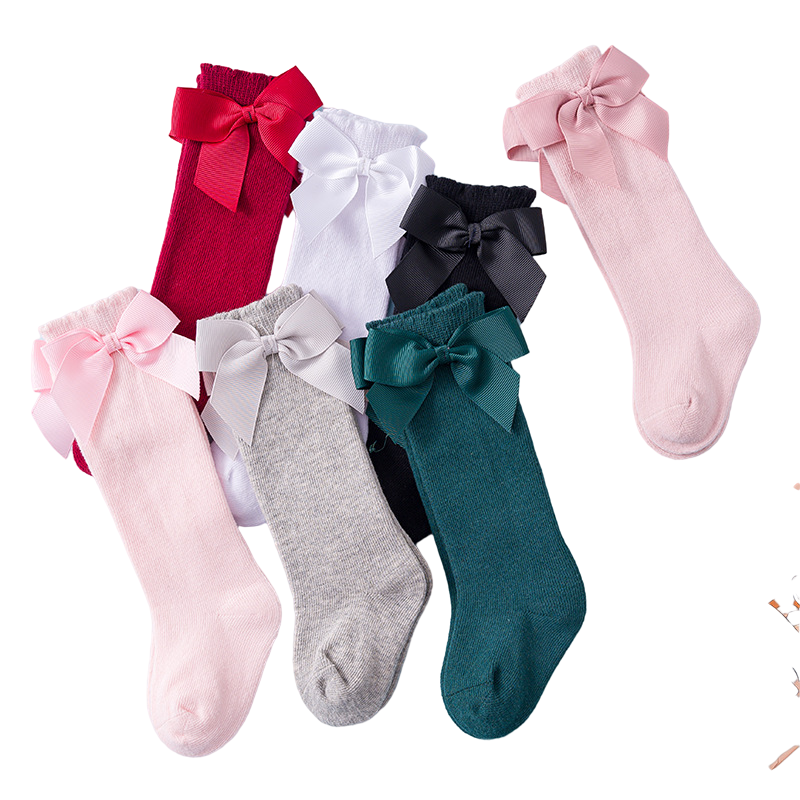 Sweet Solid Color Bow Cotton Long Knee High Baby Kids Stocking Socks