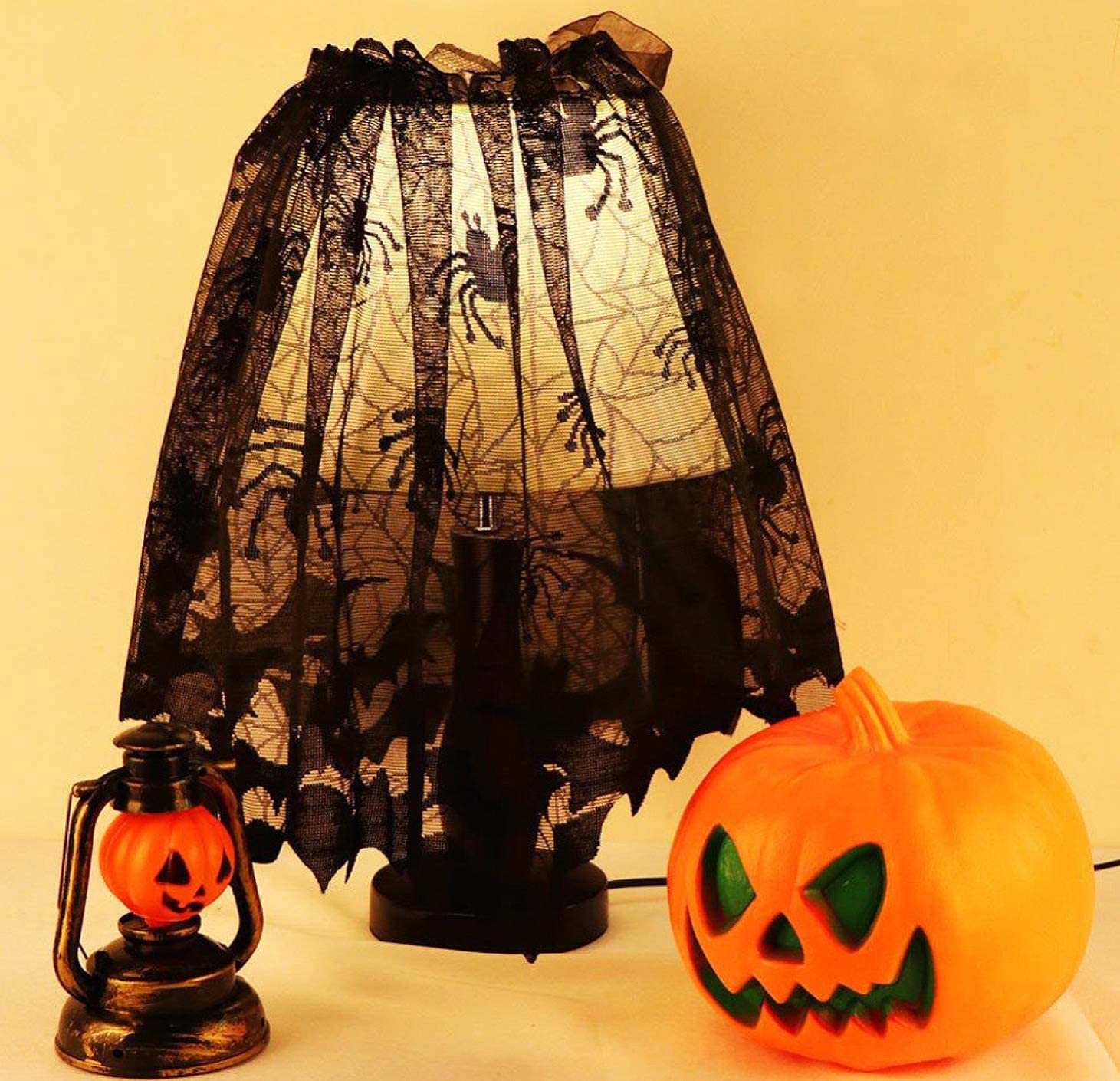 Lewondr Halloween Lace Lamp Shade, Mysterious Spider Web Bat Lamp Cover Fireplace Mantle Scarf Door Window Curtain DIY Material