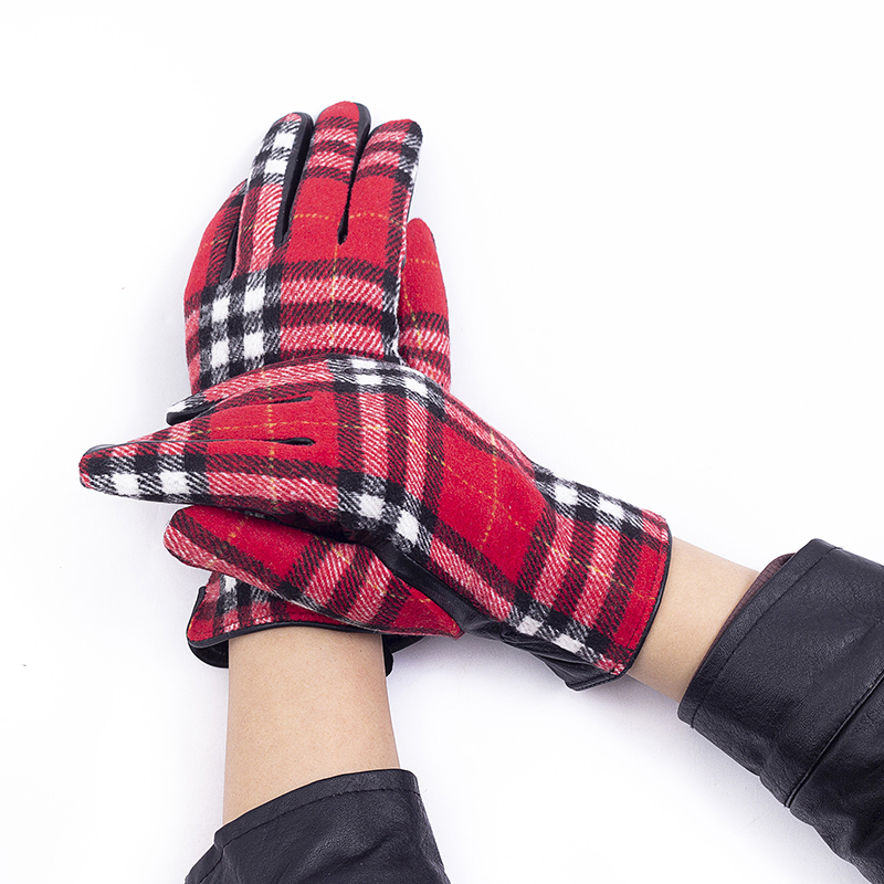 Hot sell women fashion sheep leather and checked fabric mitten gloves warm ultra-soft lining embroidery elastic gloves