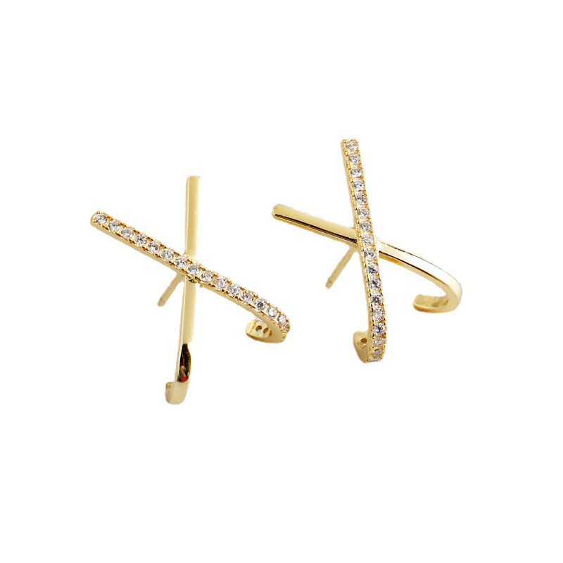 S925 Sterling Silver X-shaped Zircon Stud Earrings 7BEADS Dramatic Design Popular Gold Cross X Letter Earring Jewelry for Women