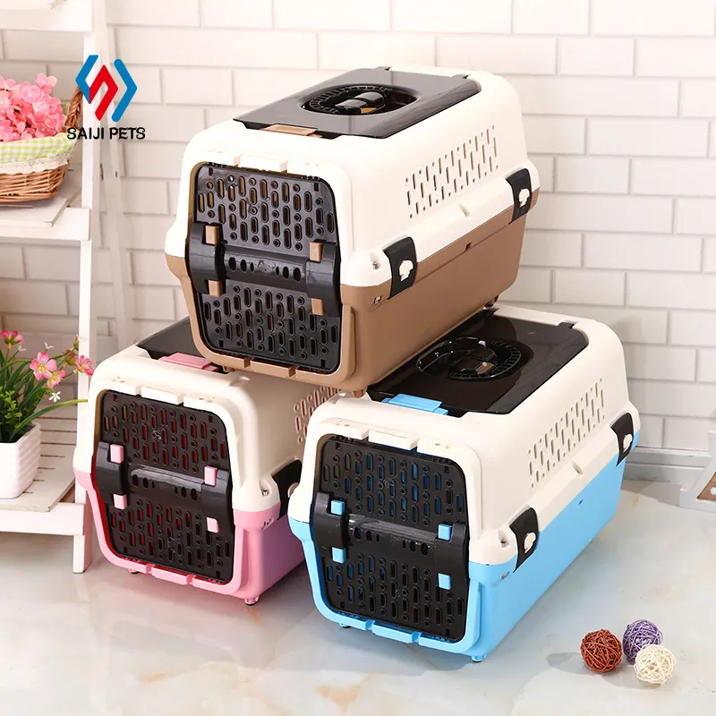 Saiji best selling plastic portable airline transport crates box dropshipping pet travel dog cat mesh cages supplier